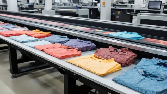 DTF textile printing setup with printer and colorful printed fabric, showcasing vibrant designs and technology. 4k video