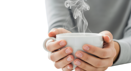 Hands holding a steaming coffee cup, white background