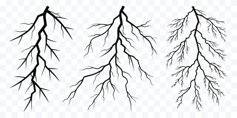 Graphical representation of lightning strikes in vector format ideal for scientific illustrations and creative designs with realistic lightning effect isolated on white