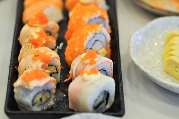 maki or salmon maki or sushi or salmon rolls, Japanese food or salmon sushi roll or salmon maki sushi