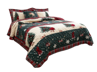 Cozy christmas quilt bedding set with decorative pillows isolated on transparent background