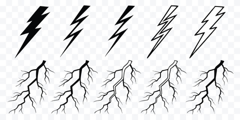 Variety of Lightning Bolt Illustrations and Tree Branch Drawings Depicting Energy and Natural Forces Concepts in Vector Format