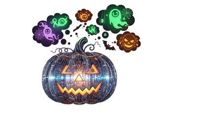 A jack o lantern with circuit board texture and halloween themed thought bubbles on a black background