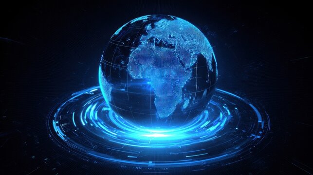 The Earth Floating in a Futuristic Digital Orbit in Blue Light
