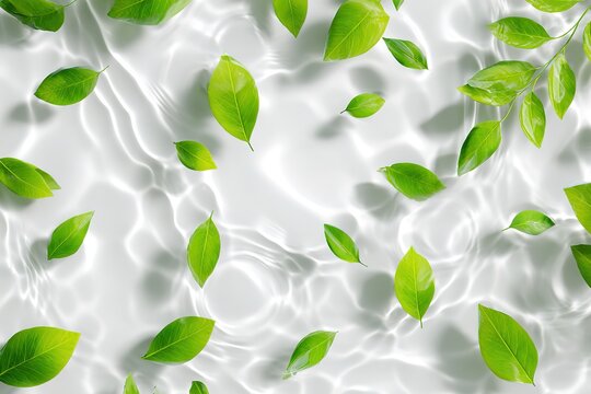 White background, transparent water ripples with green leaves floating on the surface.
