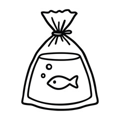 Simple line drawing of a fish in a plastic bag isolated on white background