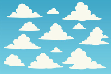 Set of cartoon fluffy clouds on blue sky background for weather or nature design