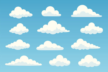 Set of cartoon fluffy white clouds on blue sky background vector illustration