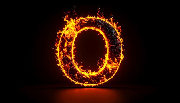 Fiery letter O, ablaze, dark background, glowing embers