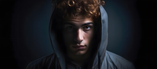 serious male teenager wearing sweatshirt on dark background