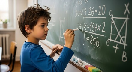 Young boy solving math problems on chalkboard in classroom  