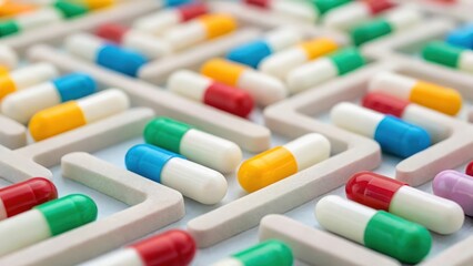 Multicolored pills shaped into a maze — navigating healthcare choices
