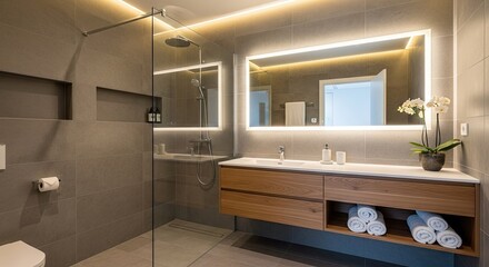 3d icon of modern bathroom interior with illuminated mirror and wooden vanity cabinet transparent background
