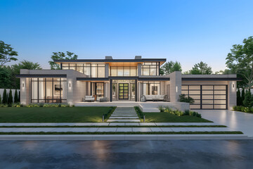 Fototapeta premium Modern Luxury Home Exterior at Dusk. AI Generated 