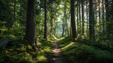 Fototapeta premium Sunlight filters through the dense forest.
