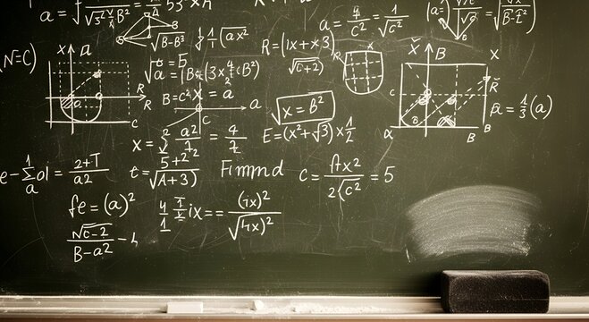 Mathematics equations and graphs on chalkboard in classroom   - Powered by Adobe