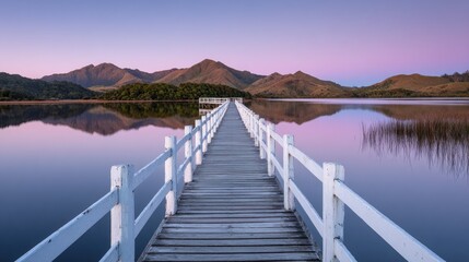 Naklejka premium Tranquil wooden pier extending across a serene lake at dawn.