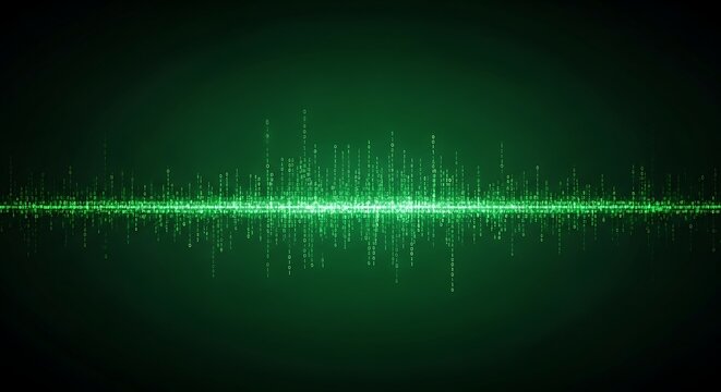 Vibrant green digital equalizer waveform with binary code matrix aesthetic