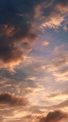 Obraz premium Atmospheric sky at dusk, featuring beautifully illuminated clouds in shades of peach and gold during a serene twilight. A natural, vertical background.