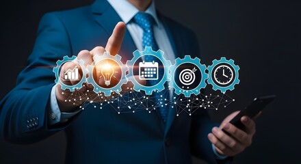 Business process automation concept with gears and icons for workflow management and efficiency
