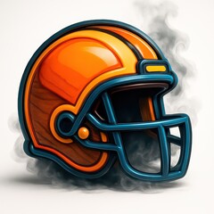 Fototapeta premium Stylized American football helmet illustration in orange blue and brown with smoke effect on