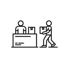 Delivery person handing package to recipient at counter