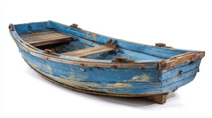 The rustic blue wooden boat shows weathered charm and history.