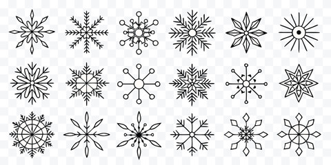 Collection of Twenty Different Decorative Snowflake Designs in Minimalist Style Black and White Winter Holiday Ornament Graphic Resources