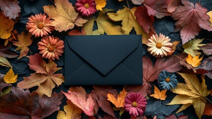 Black envelope on autumn leaves and flowers.