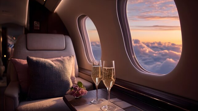Luxury private jet interior with champagne glasses and sunset view above clouds.