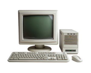 Old computer vintage monitor retro keyboard classic mouse isolated transparency background nostalgic technology low resolution beige color desktop object