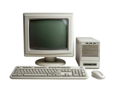 Old computer vintage monitor retro keyboard classic mouse isolated transparency background nostalgic technology low resolution beige color desktop object