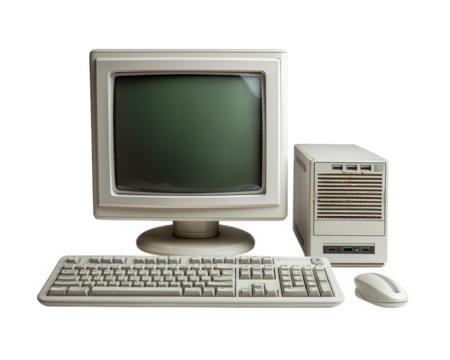 Old computer vintage monitor retro keyboard classic mouse isolated transparency background nostalgic technology low resolution beige color desktop object