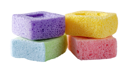 Four colorful, square sponges stacked in pairs, light purple, lavender, light blue, lime green, and light pink/rose