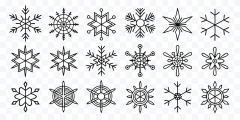 Variety of Unique Hand Drawn Snowflake Designs for Winter Holiday Season Decorations and Backgrounds