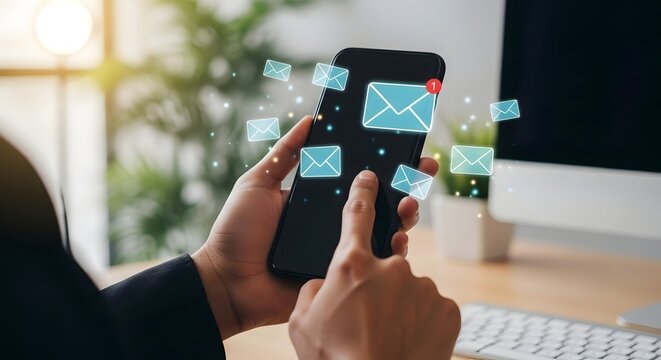 Email marketing strategy: hands holding smartphone with new email notification concept design - Powered by Adobe