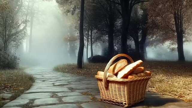Enchanted Forest Picnic: Still Life with Bread, Fruits, and Misty Pathway Ambience