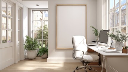 Fototapeta premium A bright, sunlit home office space with a blank frame.