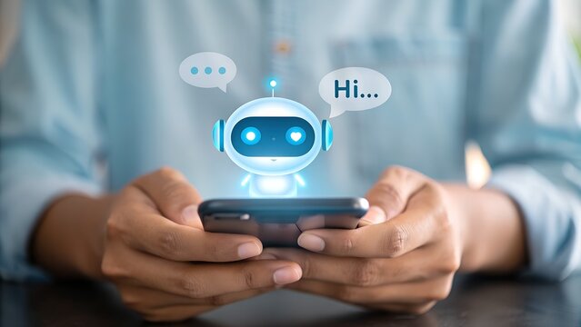 Person using a smartphone with a friendly chatbot interface