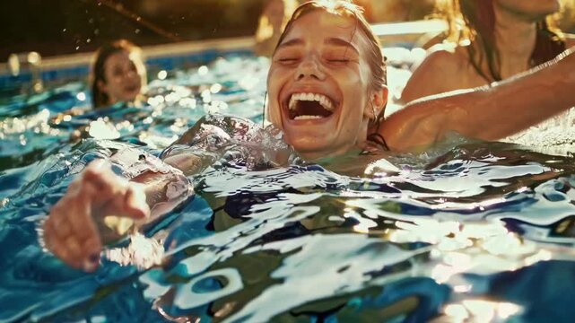 Joyful pool scene with friends laughing, captured in a close-up, low-angle shot. Sunlight adds warmth, evoking a summer video vibe.