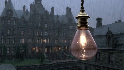 Rainy night, gothic mansion, hanging light