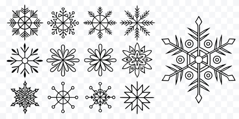 Collection of Various Snowflake Designs Perfect for Winter Holiday Season and Christmas Themed Projects with Clean Black Outlines