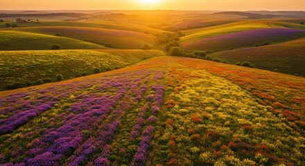 Vibrant Sunset Over Rolling Hills Covered with Colorful Wildflowers in a Scenic Landscape