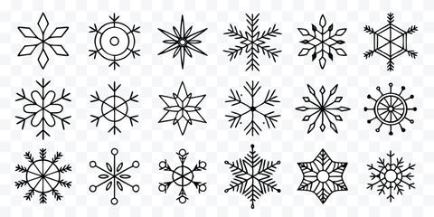 Collection of unique snowflake designs hand drawn winter holiday illustrations for seasonal decoration and festive invitations