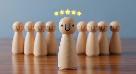 Five star rating wooden figures, customer satisfaction, best employee, leadership, team success