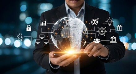 Global business network technology concept businessman holding digital world connection data