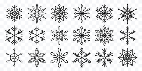 Assorted Snowflake Designs in Black and White Winter Holiday Vector Illustration Set Various Shapes and Patterns