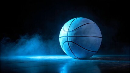 Basketball illuminated by dramatic blue light and smoke