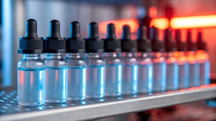 Row of glass dropper bottles filled with clear liquid under warm lighting