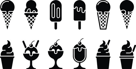 Collection of various black and white ice cream icons and illustrations